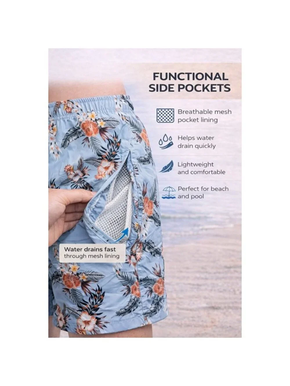 Men's Quick Dry Swim Trunks, Tropical Floral Pattern, P33 - Picture 4 of 4